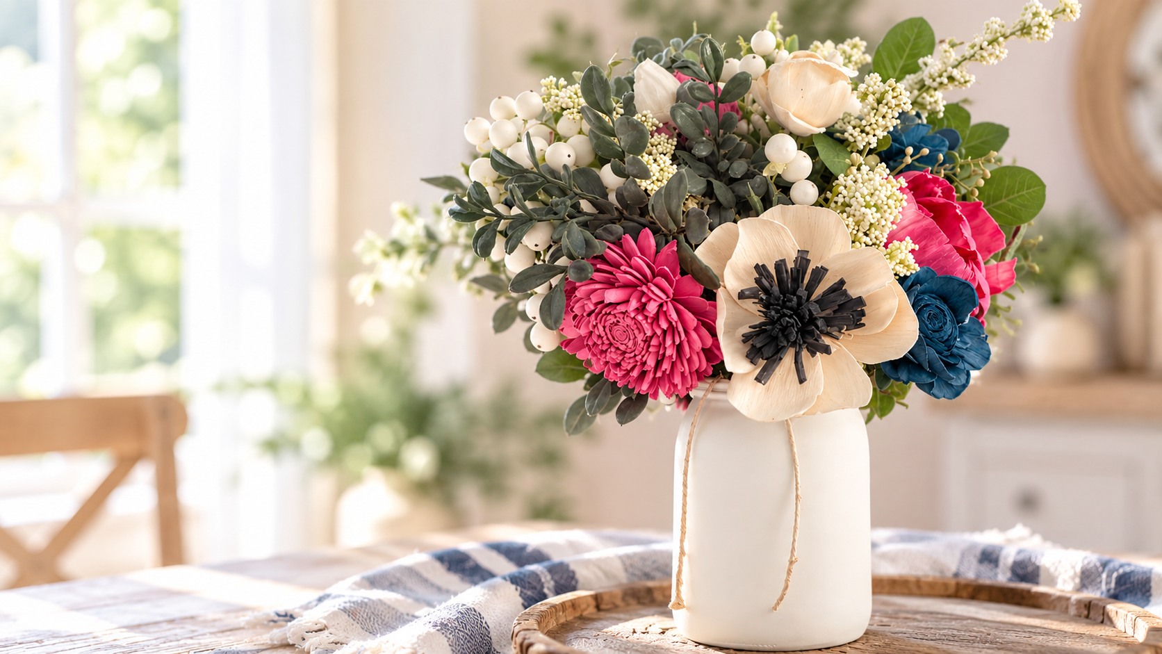 Pink, navy-blue and cream wood flowers with green foliage and white berry accents in a white vase on a wooden tray beside a bright window.